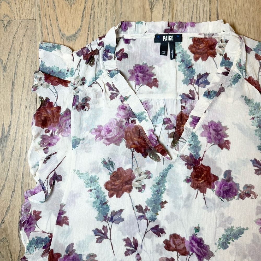 Paige Women’s Genie Floral Ruffle Sleeve Silk Sheer Blouse Top Size X-Small - Picture 5 of 14